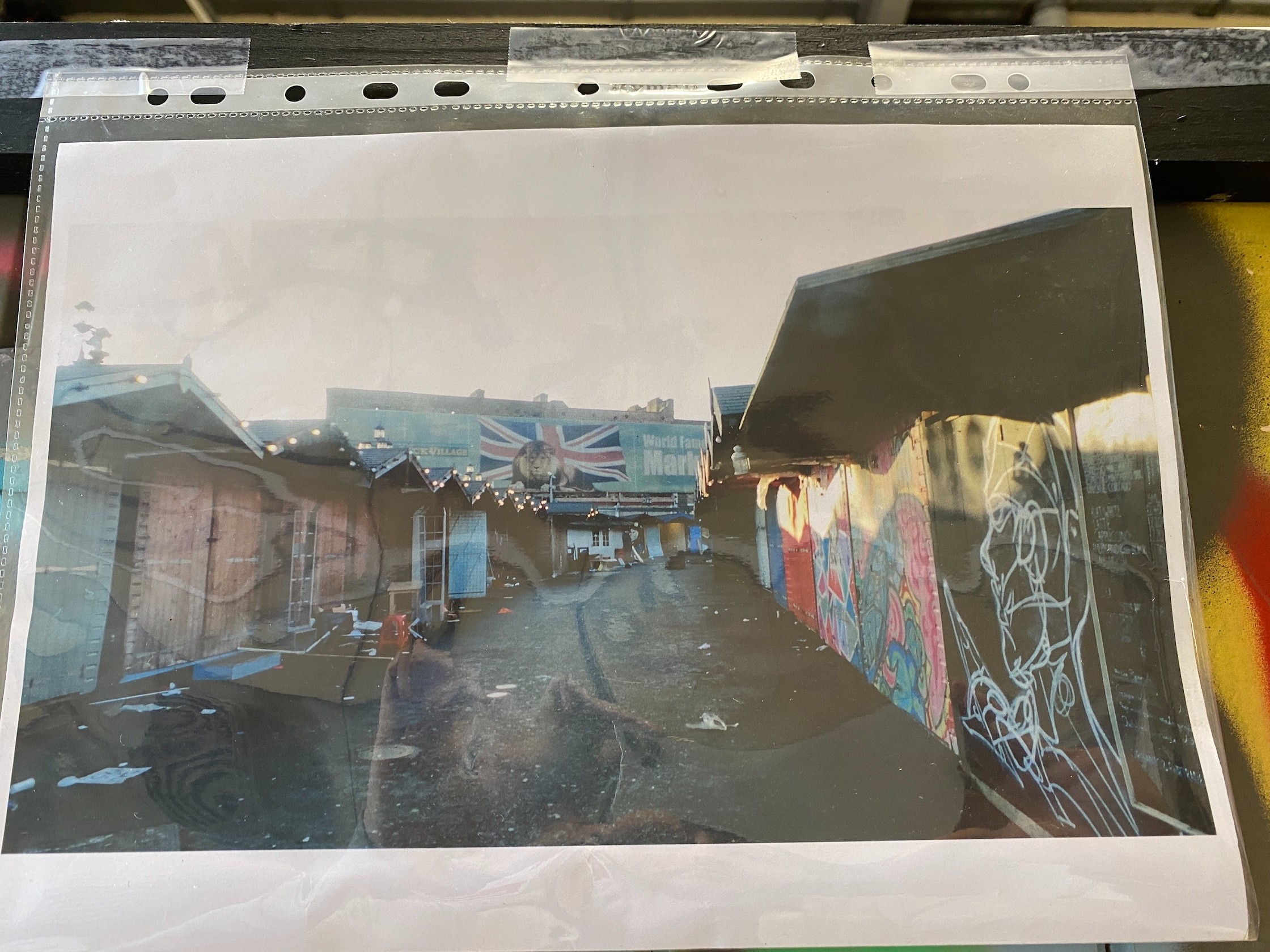 A wooden door from Camden Market with painted graffiti art width 216cm, height 207cm